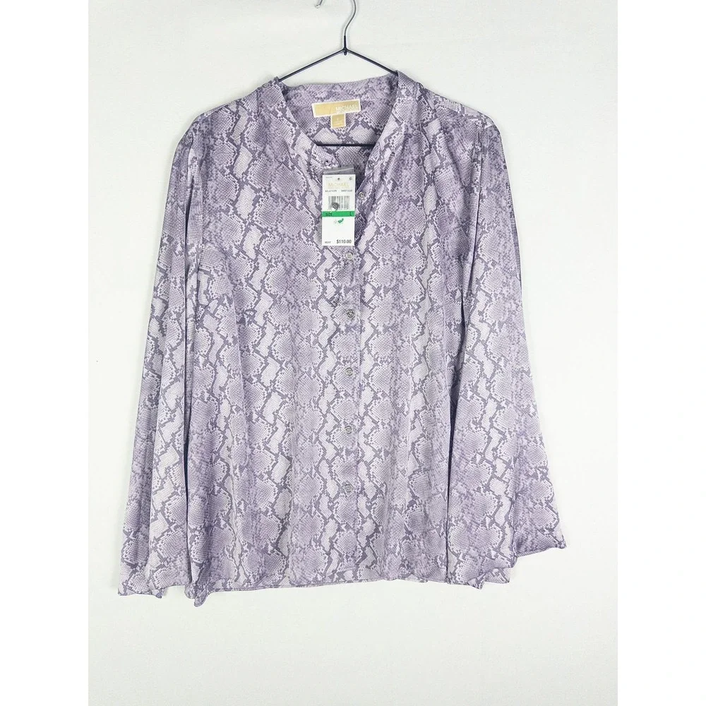 NWT Michael Kors Snake Print Button Up Blouse Womens L Sweet Lilac Streetwear